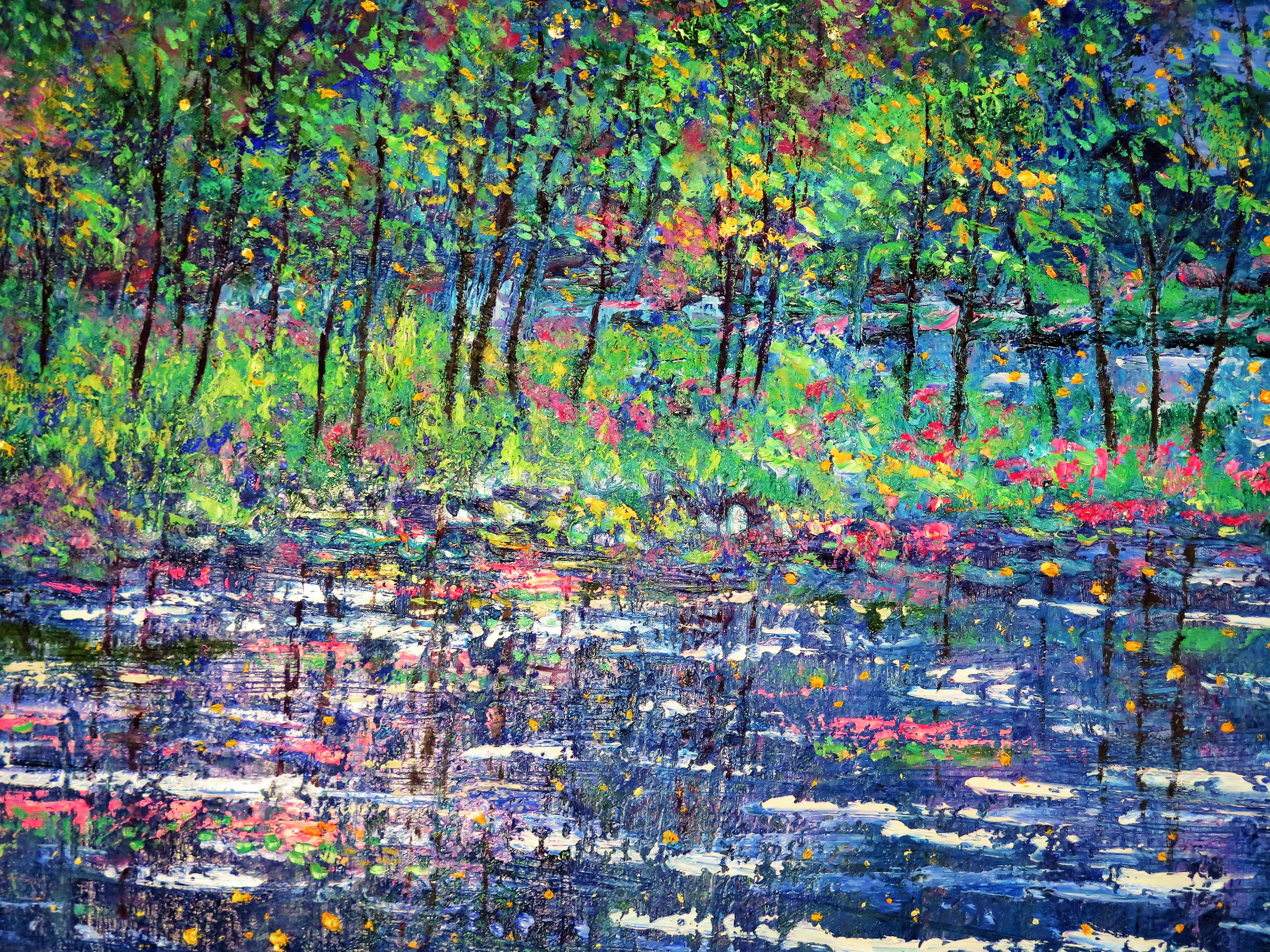 Original painting - Lilly Pad stream , moonlight and fireflies - oil -24 x 48 x 1.5