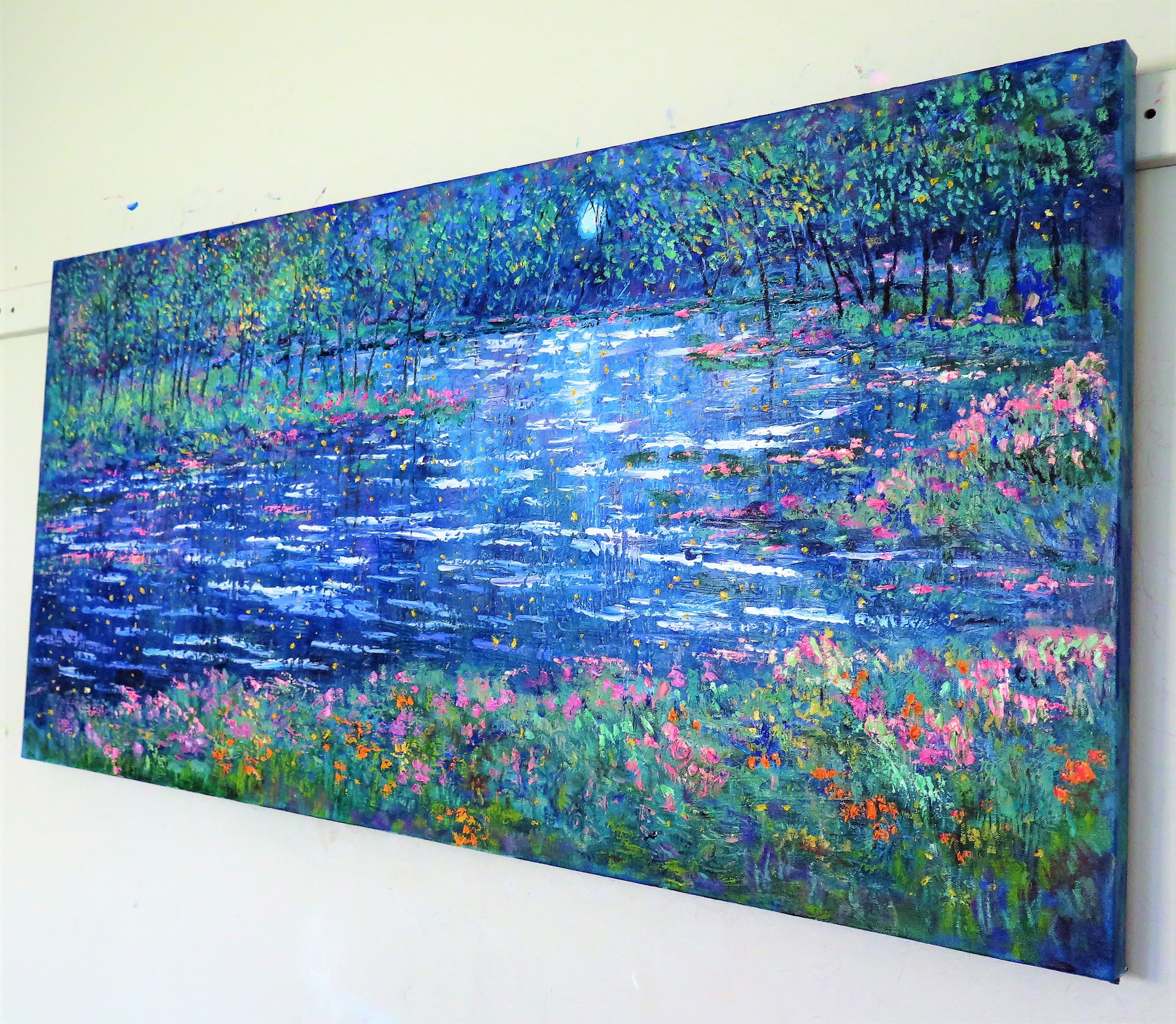 Original painting - Lilly Pad stream , moonlight and fireflies - oil -24 x 48 x 1.5