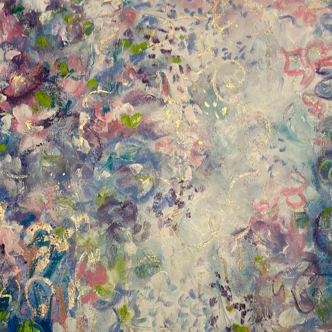 36x24x1 - Original Oil Painting - Abstract white, blue rose flowers with gold