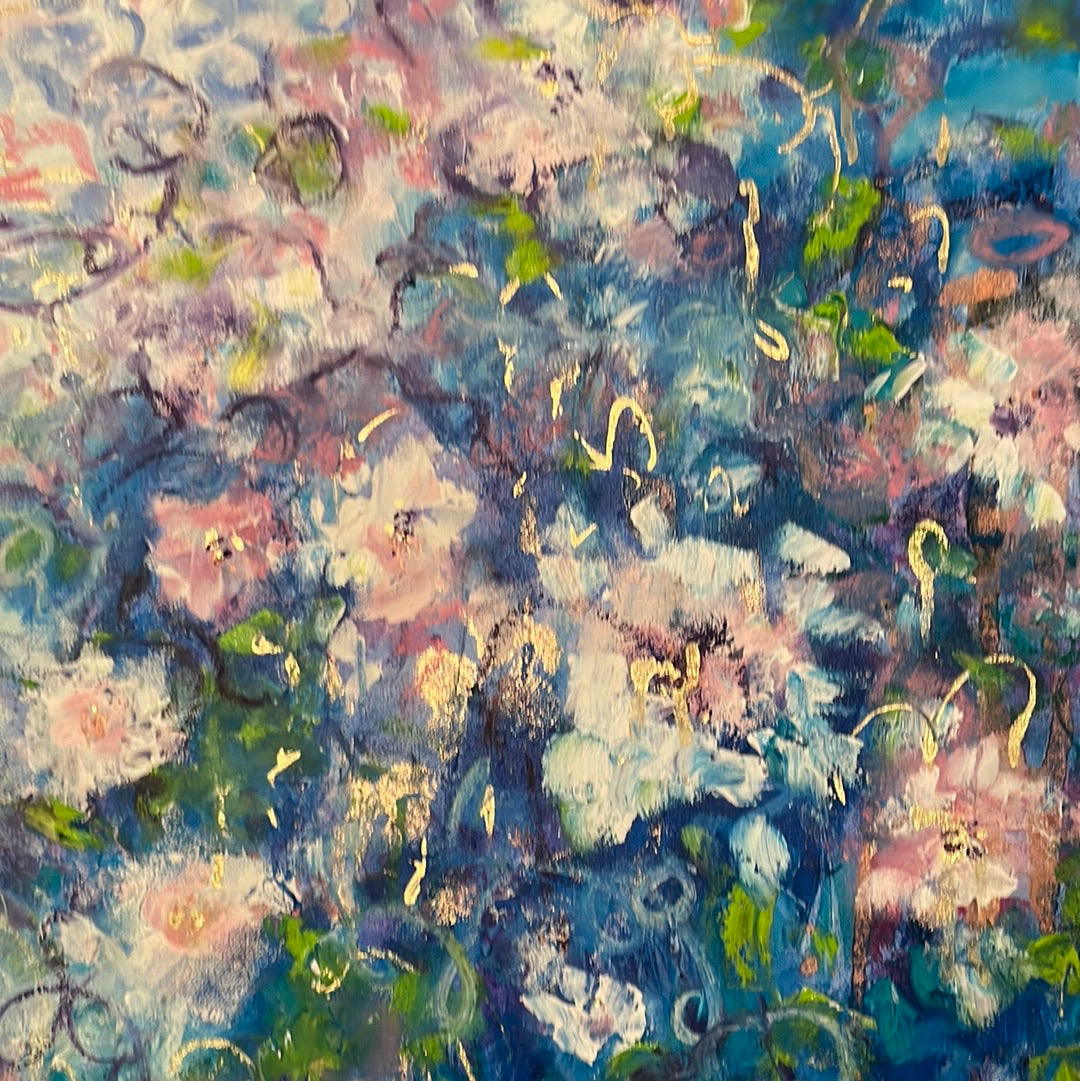 36x24x1 - Original Oil Painting - Abstract white, blue rose flowers with gold