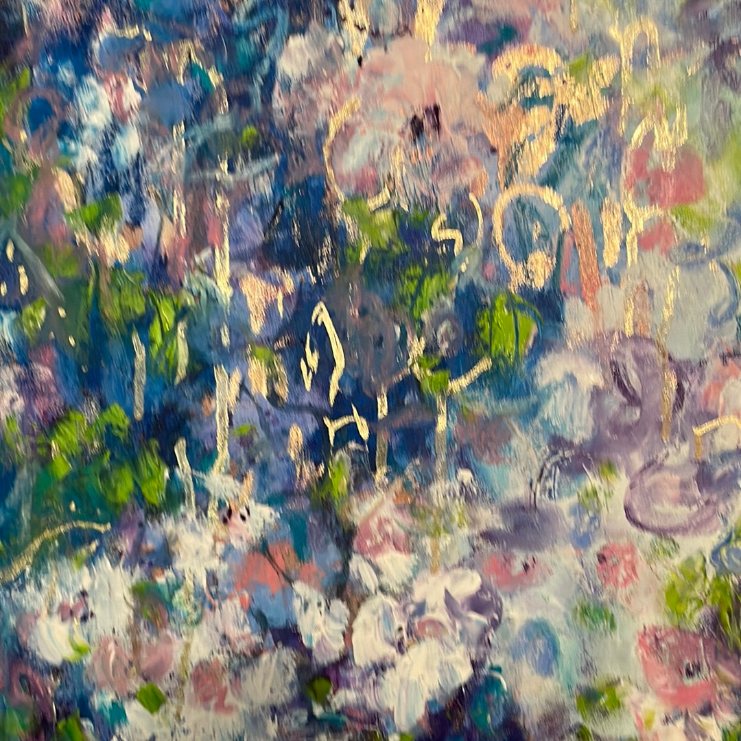 36x24x1 - Original Oil Painting - Abstract white, blue rose flowers with gold