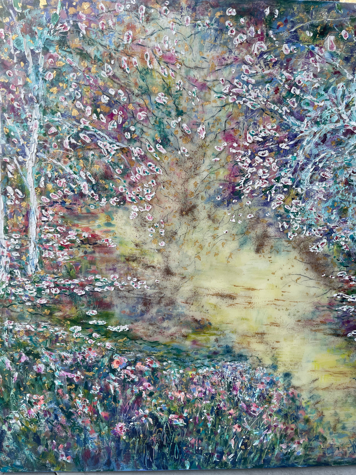 Original painting - Glowing stream and birch trees  - Large painting 60 x 48 x 1.5 - oil , plaster , and gold leaf