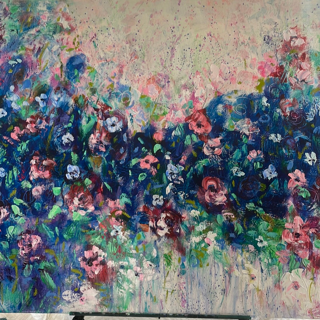 Original painting - Large Abstract floral- Blueberry bouquet -24 x 48 x1