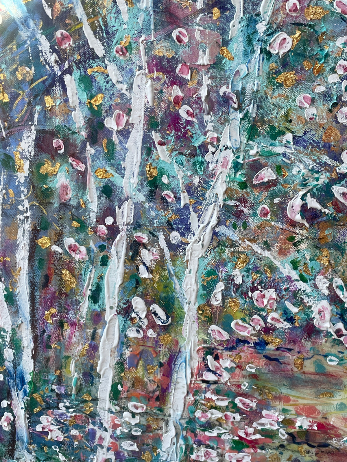 Original painting - Glowing stream and birch trees  - Large painting 60 x 48 x 1.5 - oil , plaster , and gold leaf