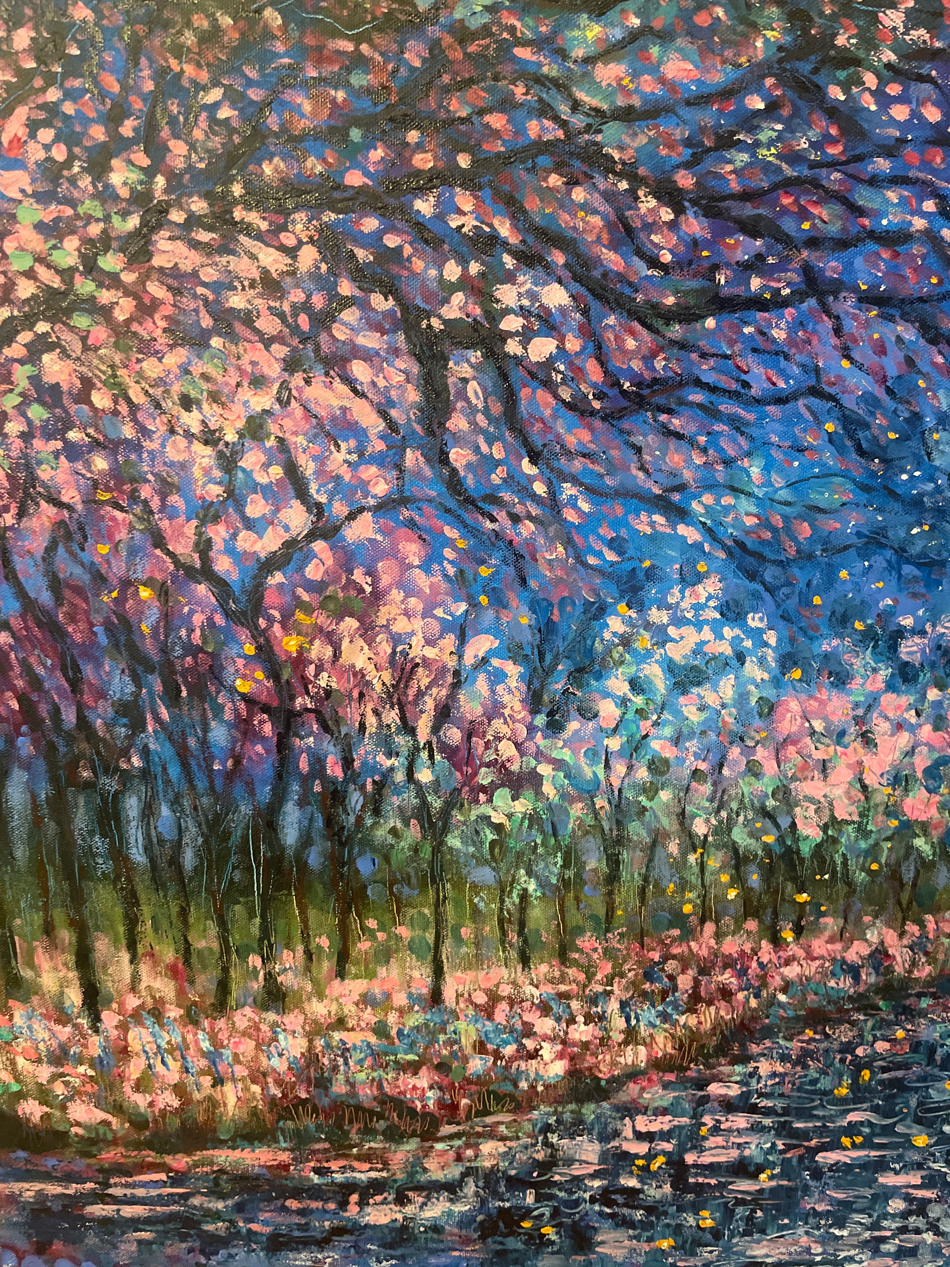 Original painting cherry tree pond-spring wall art paletteknife painting in greens blues pinks wildflower and Lilly pond painting