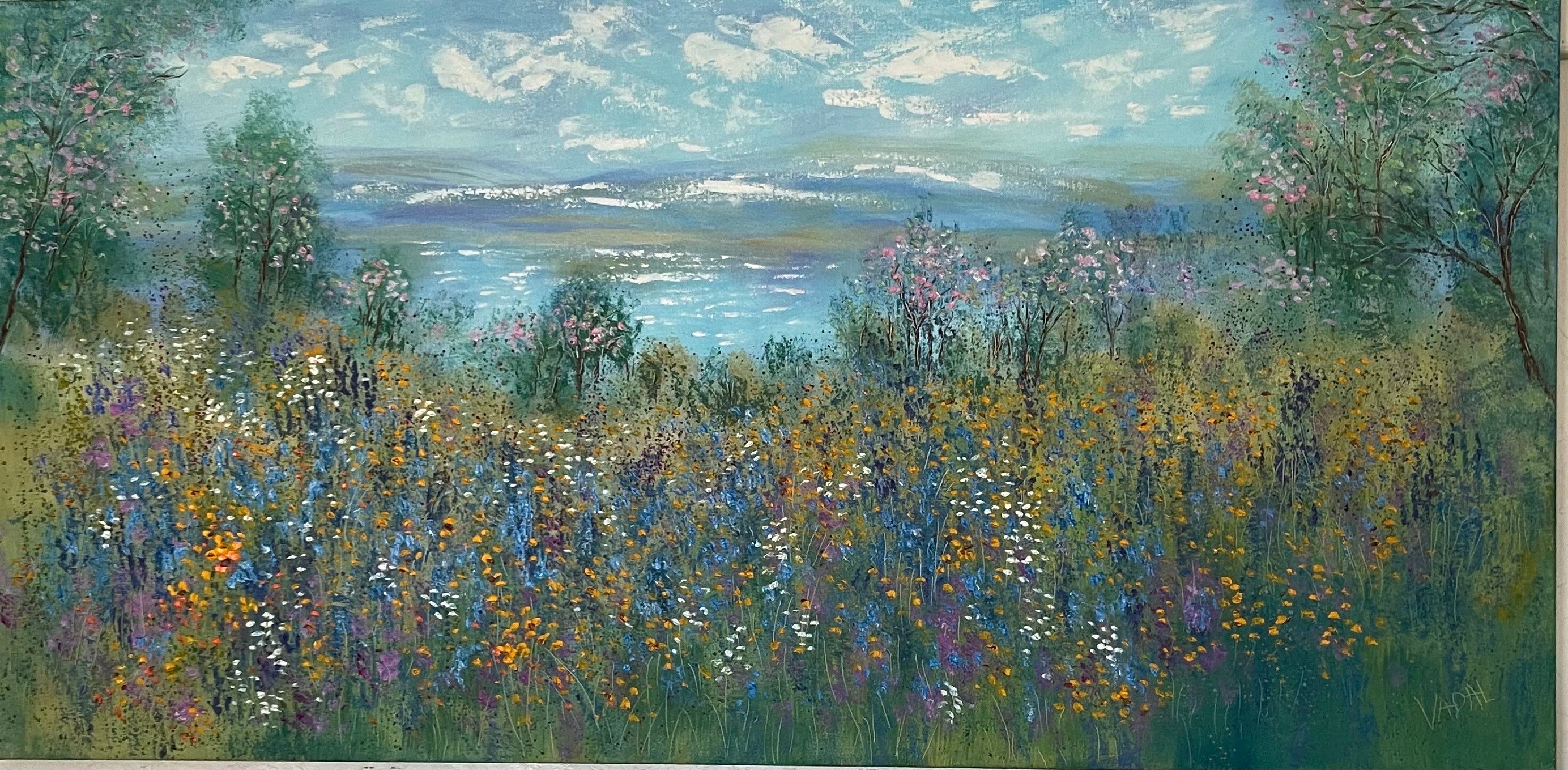 Original painting - California springtime meadow pond & wildflowers- oil -24 x 48 x1