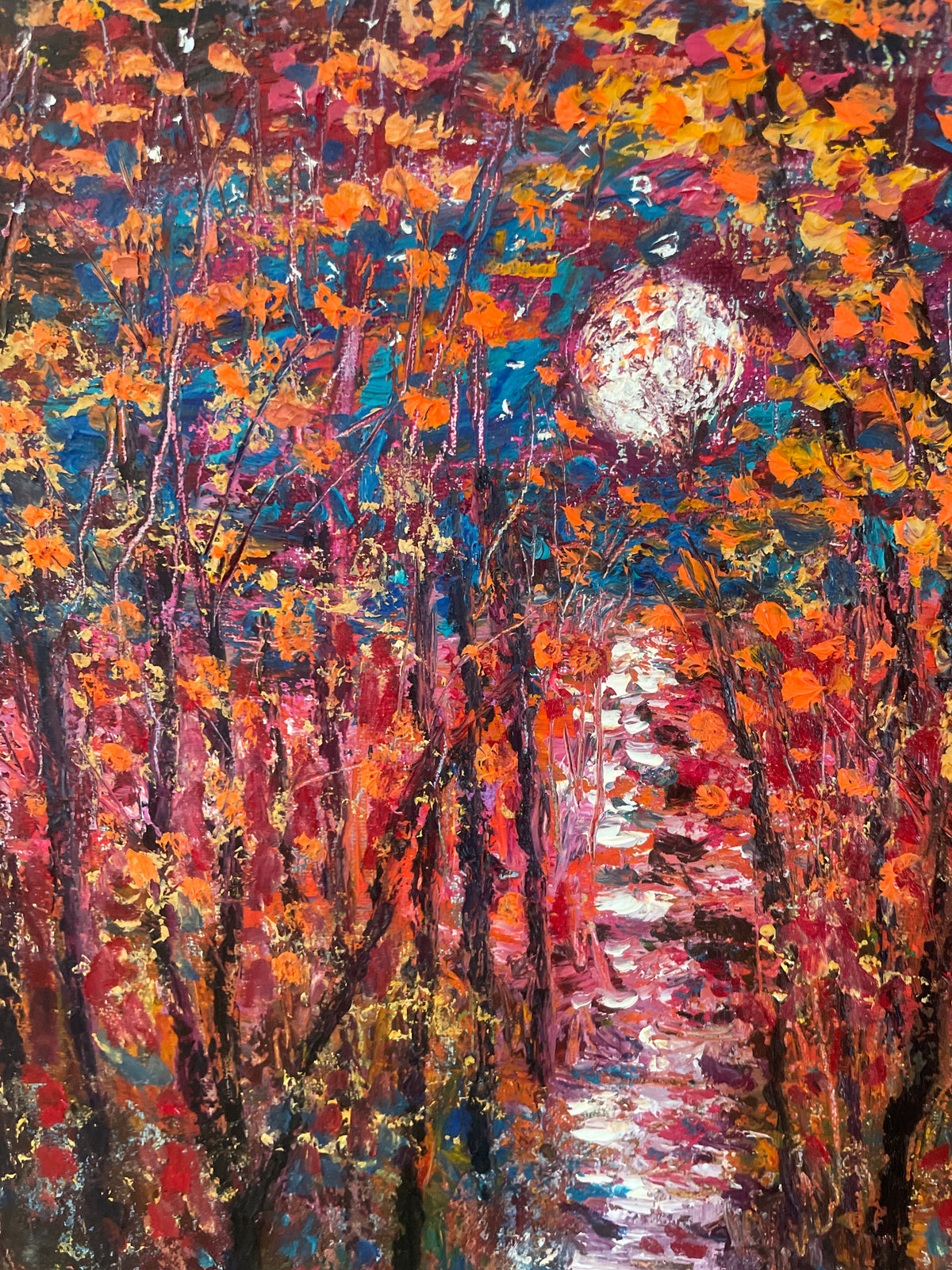 Original oil painting red fall trees Stream palette knife orange merlot fall foliage