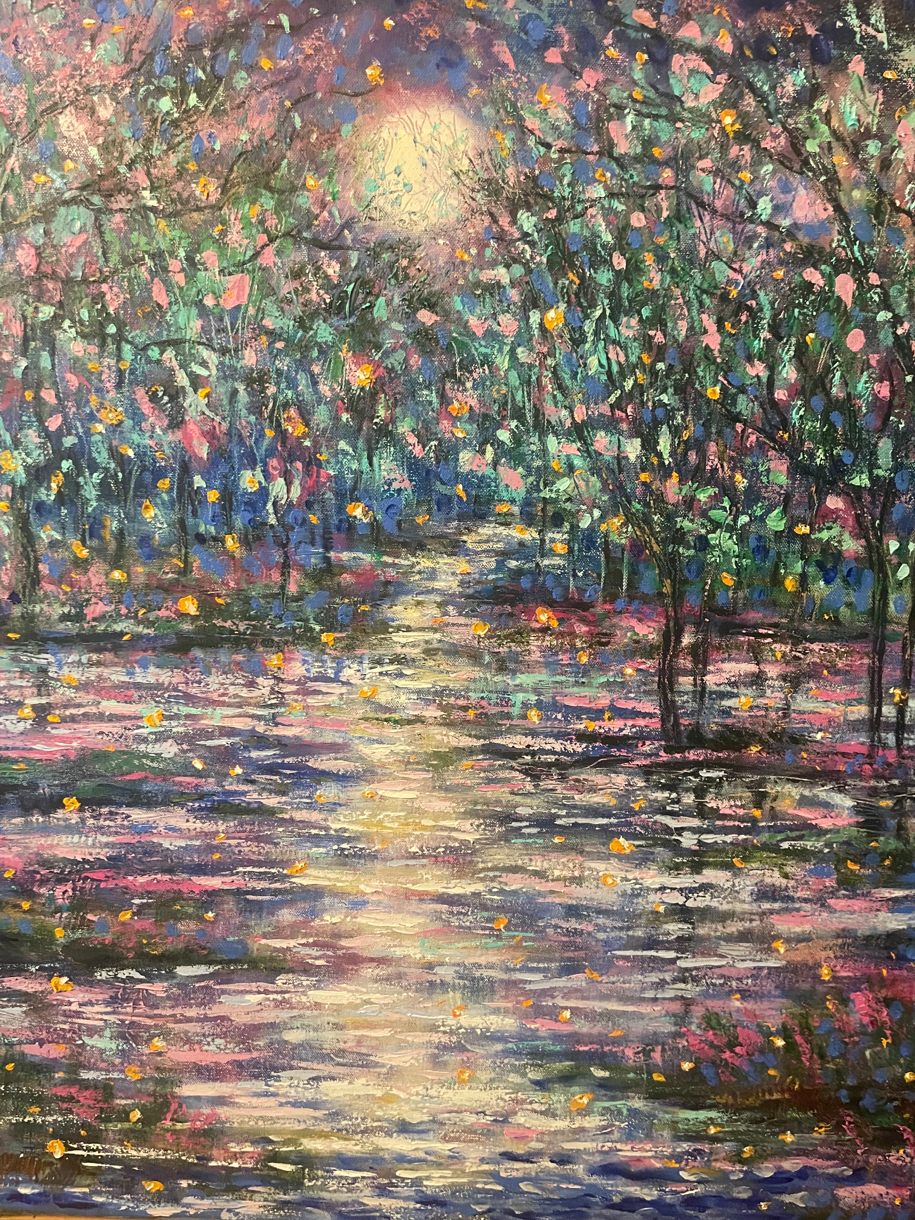 Original large oil  painting - moonlight and fireflies along the river - 30 x40 x1.5