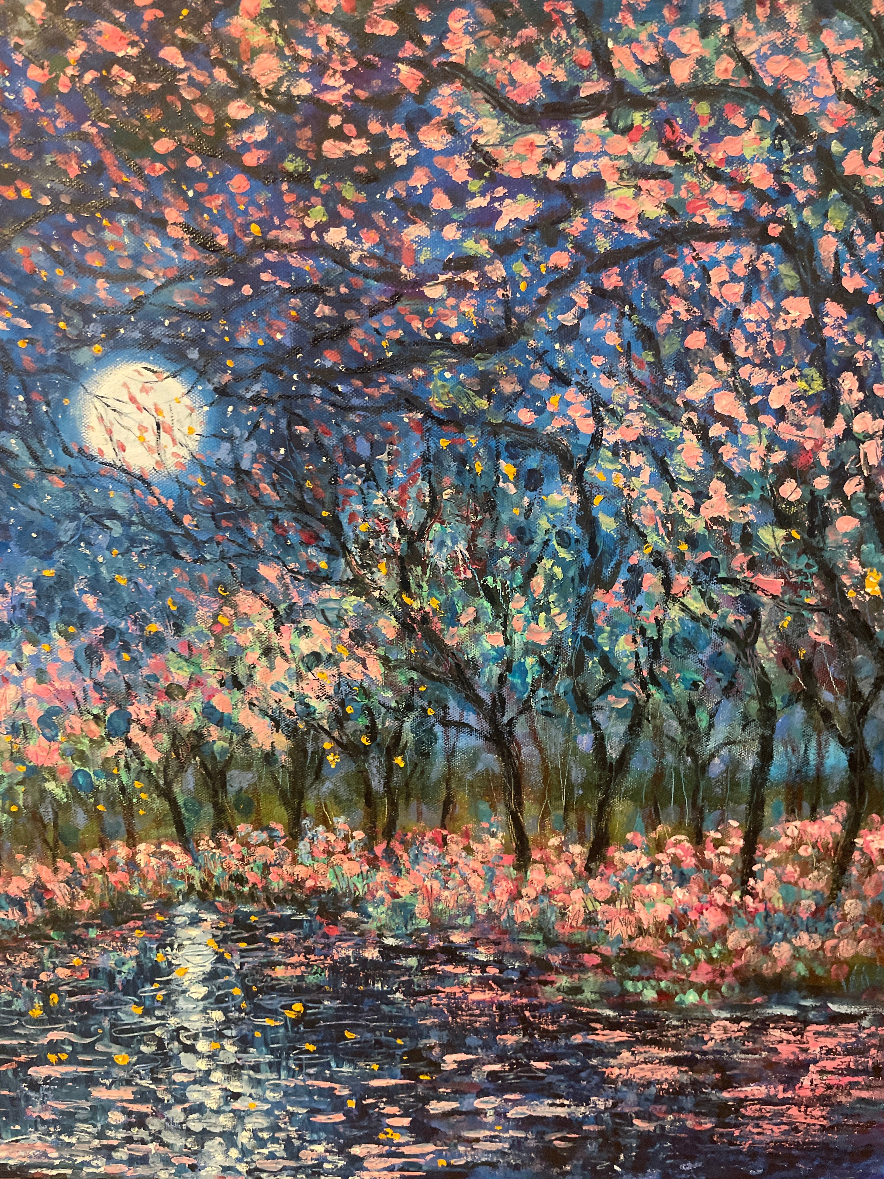 Original painting cherry tree pond-spring wall art paletteknife painting in greens blues pinks wildflower and Lilly pond painting