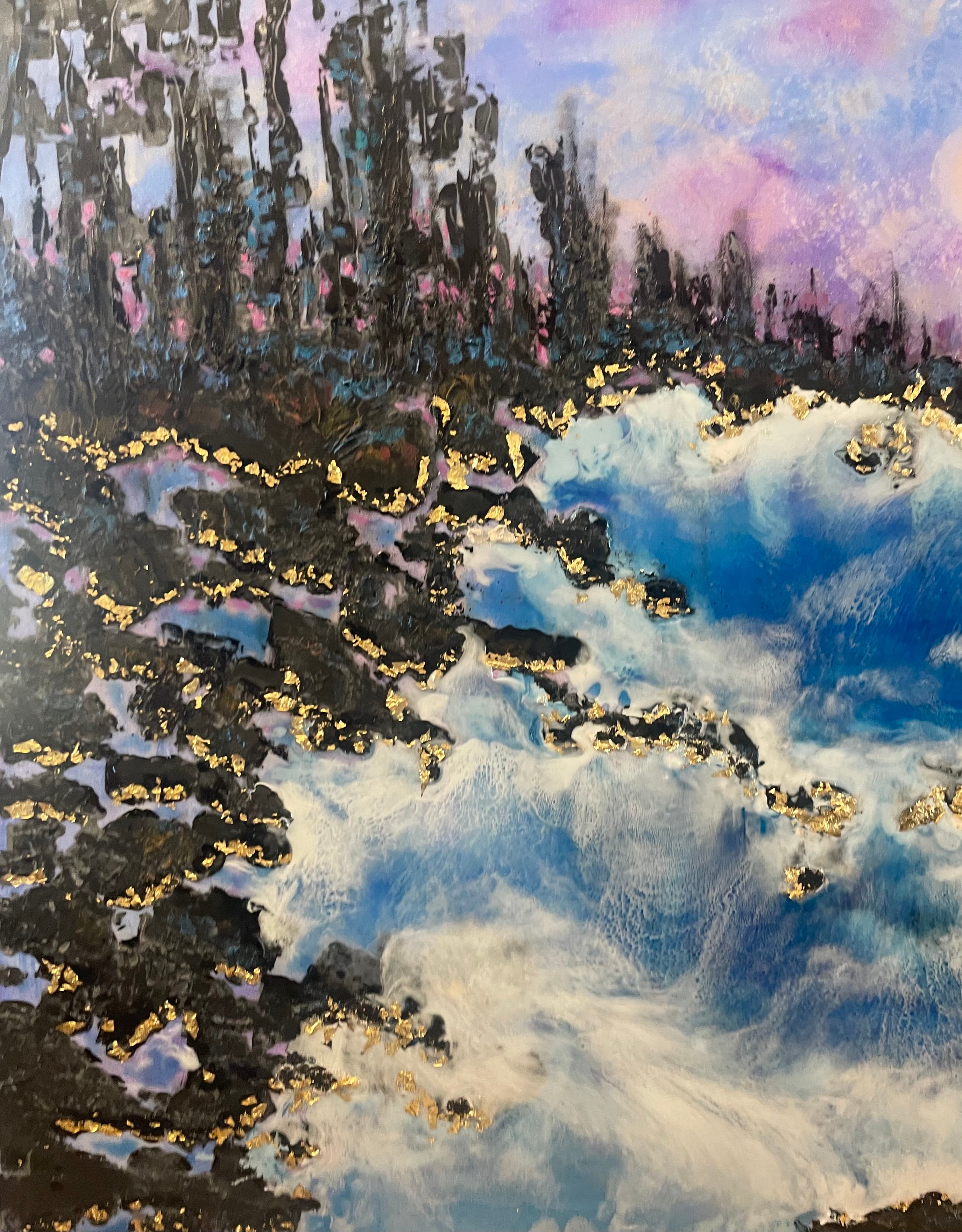 Original large resin painting moonlight and pines along the  river in yosemite 30 x40 x1.5