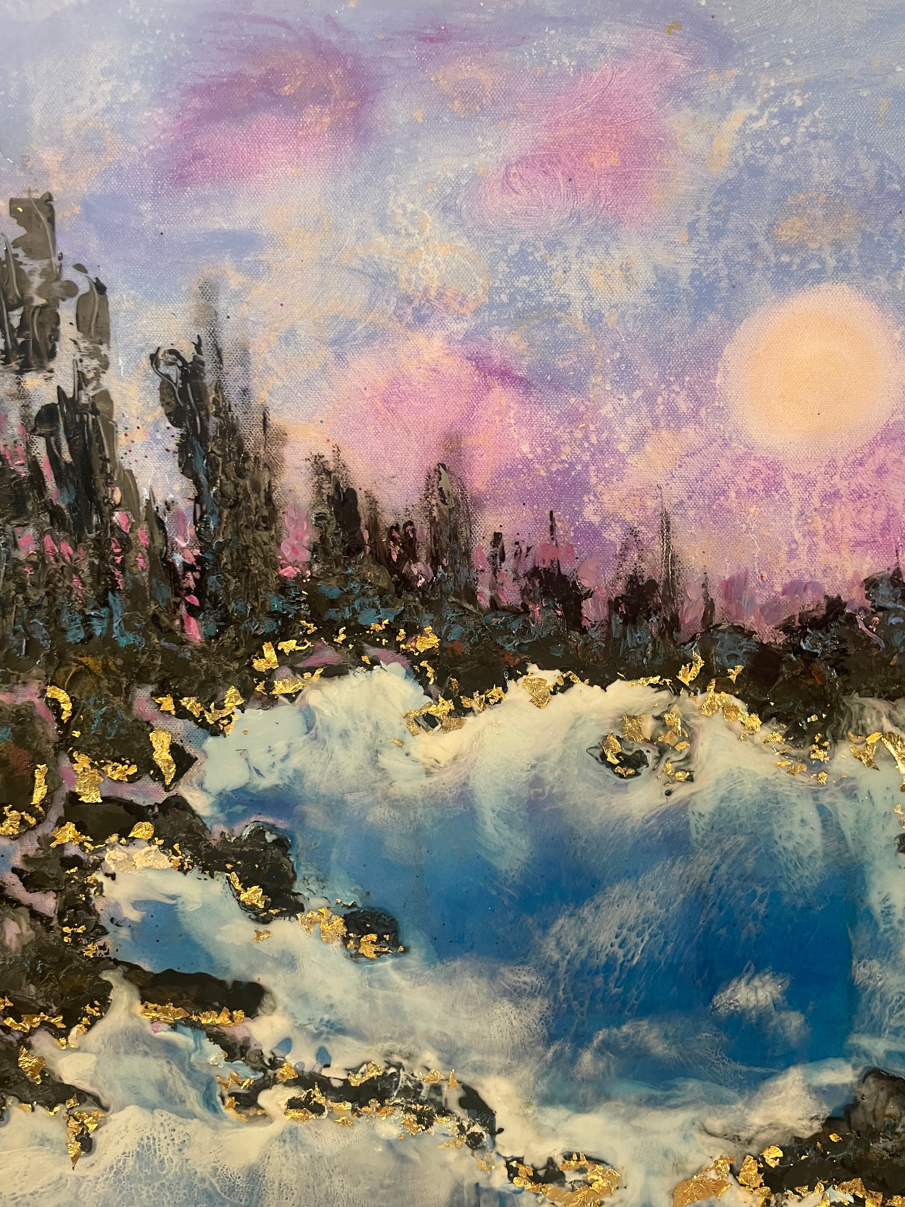 Original large resin painting moonlight and pines along the  river in yosemite 30 x40 x1.5