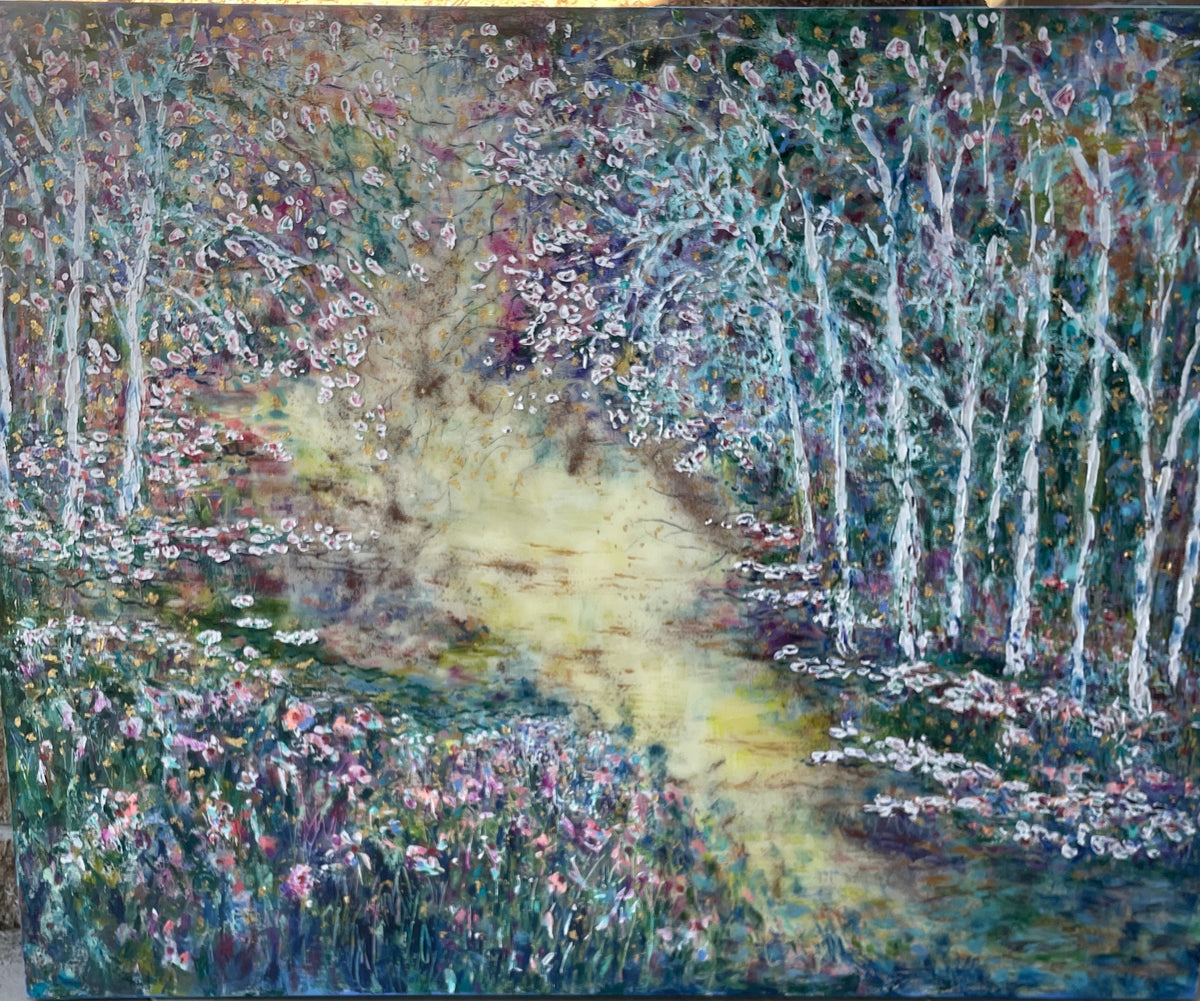 Original painting - Glowing stream and birch trees  - Large painting 60 x 48 x 1.5 - oil , plaster , and gold leaf