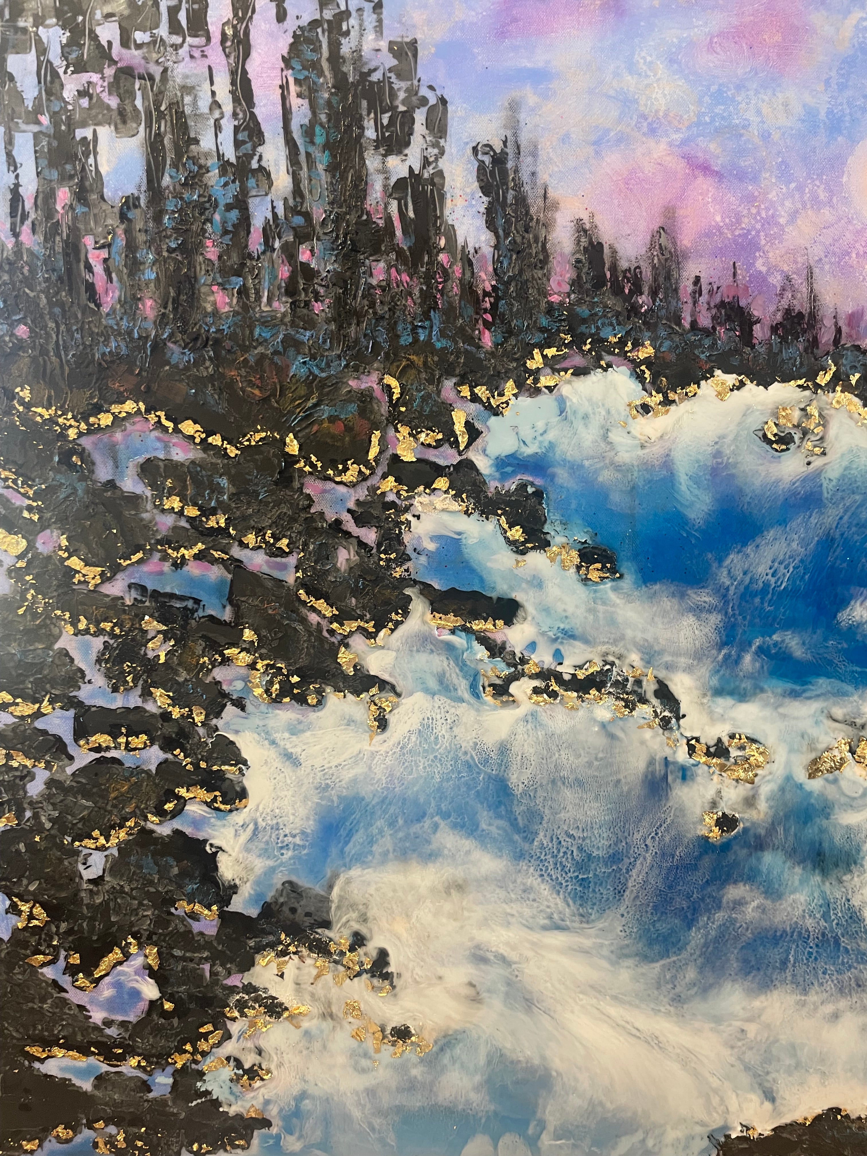 Original large resin painting moonlight and pines along the  river in yosemite 30 x40 x1.5