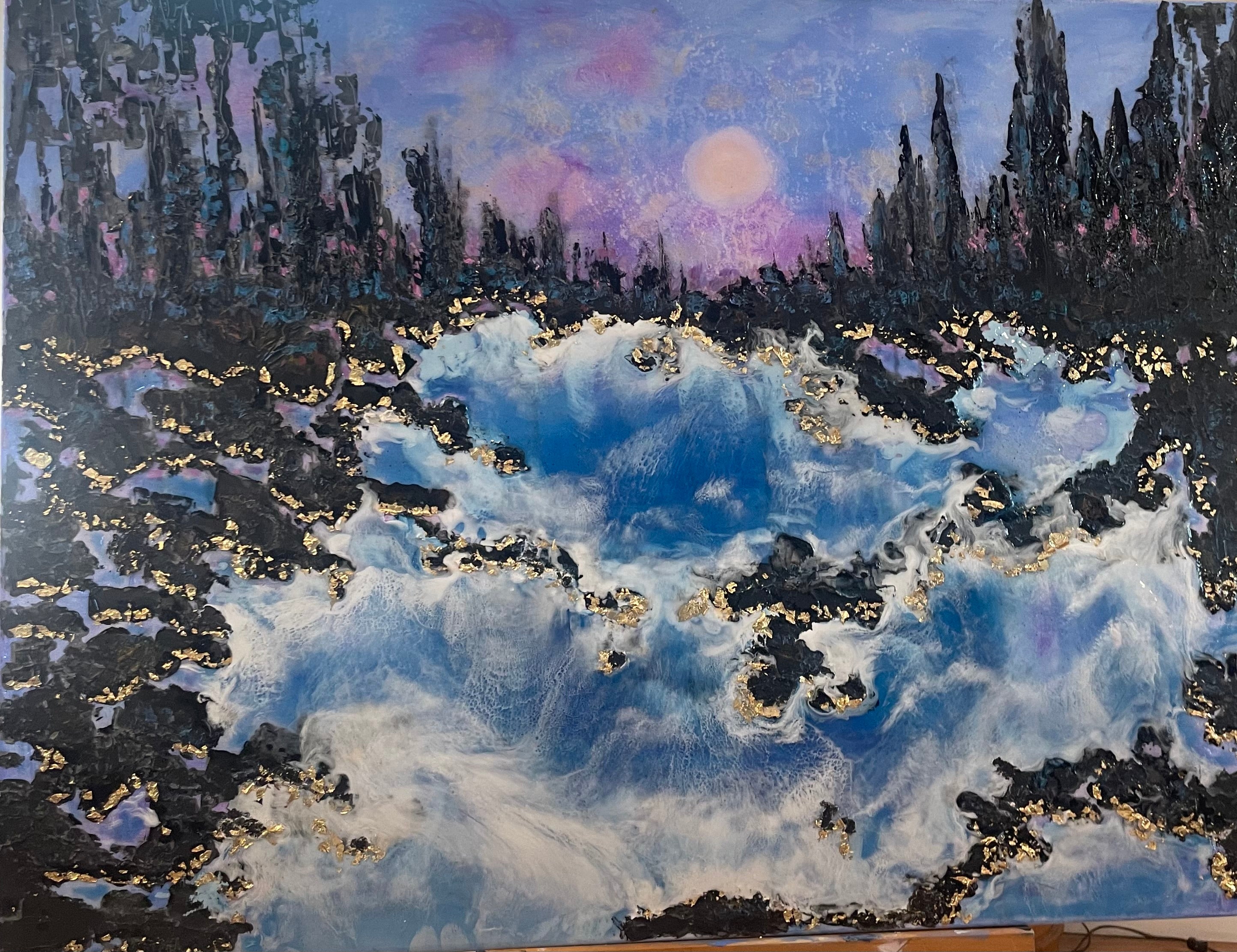 Original large resin painting moonlight and pines along the  river in yosemite 30 x40 x1.5