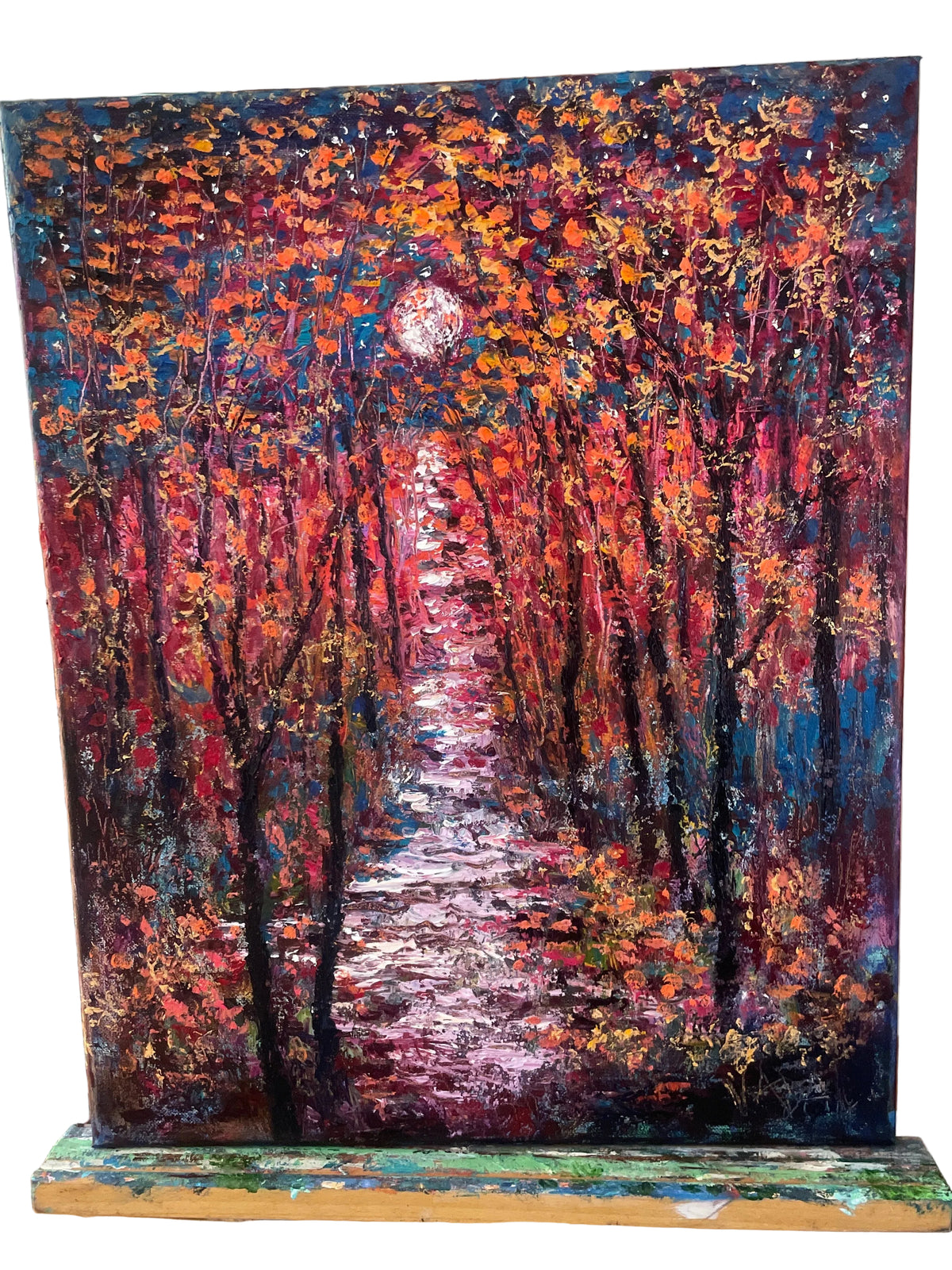 Original oil painting red fall trees Stream palette knife orange merlot fall foliage