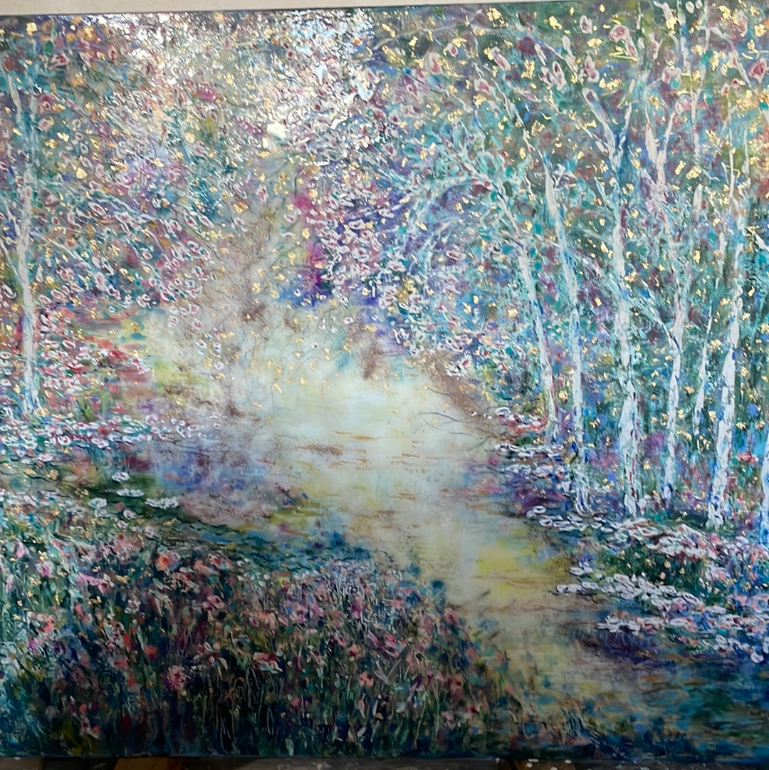 Original painting - Glowing stream and birch trees  - Large painting 60 x 48 x 1.5 - oil , plaster , and gold leaf