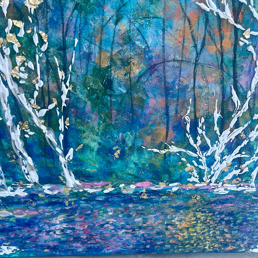 36x36x1 - Original Painting - Birchtrees along sunny stream- acrylic with resin