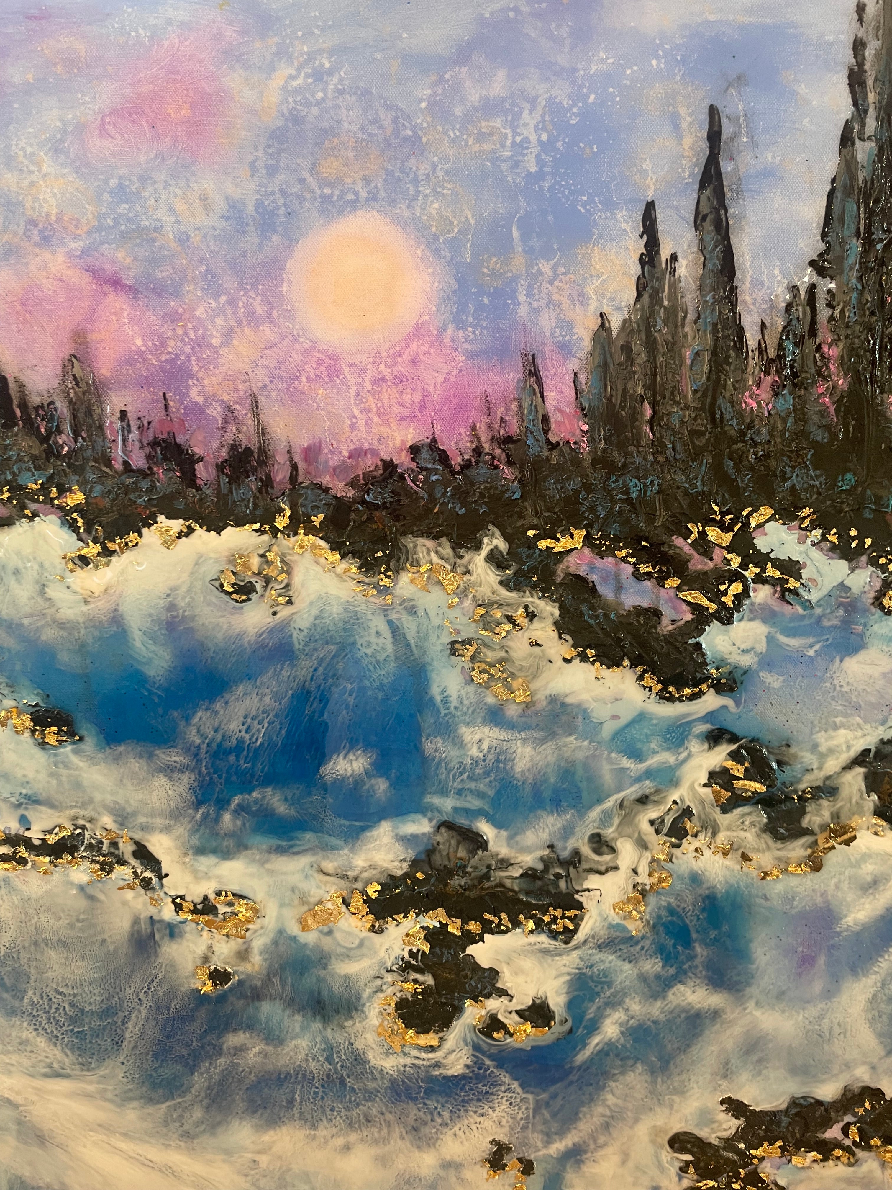 Original large resin painting moonlight and pines along the  river in yosemite 30 x40 x1.5