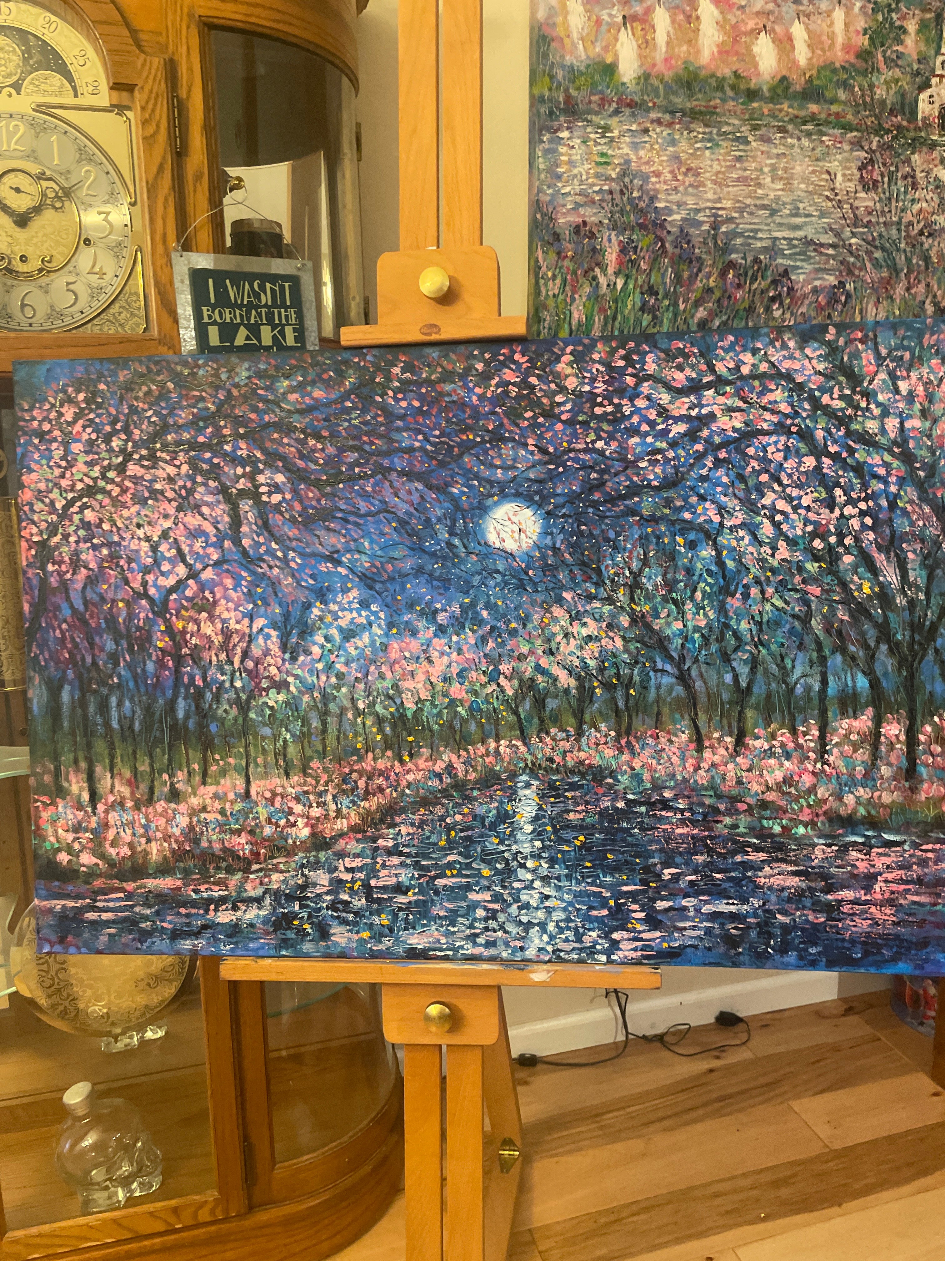Original painting cherry tree pond-spring wall art paletteknife painting in greens blues pinks wildflower and Lilly pond painting