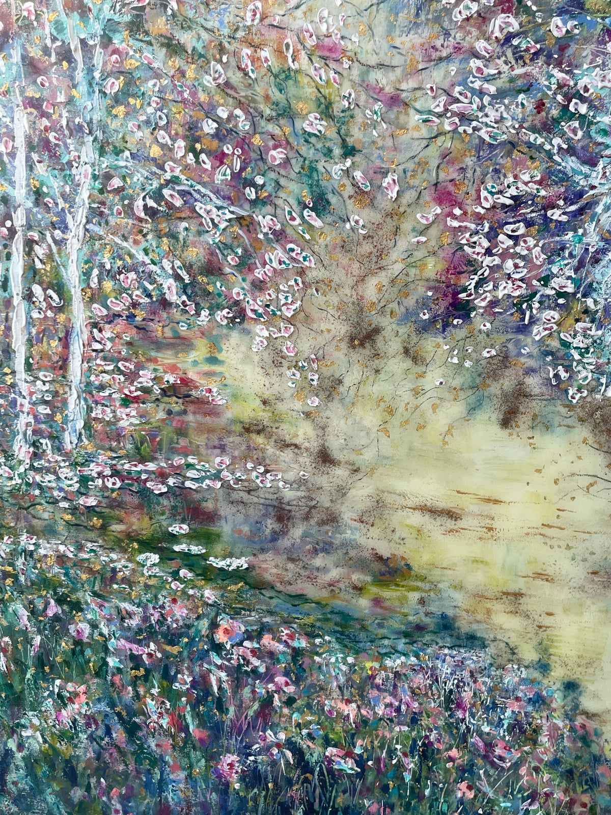Original painting - Glowing stream and birch trees  - Large painting 60 x 48 x 1.5 - oil , plaster , and gold leaf