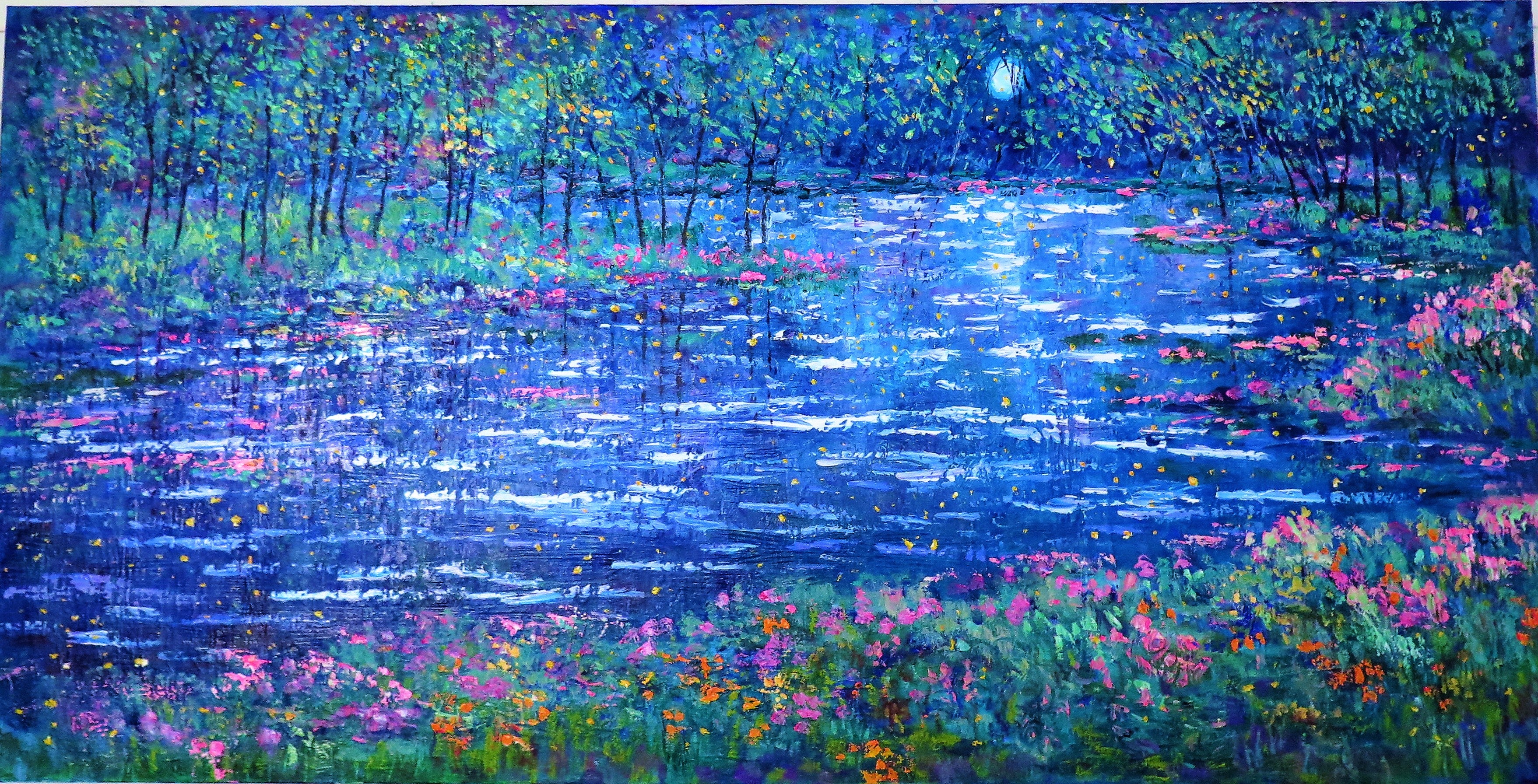 Original painting - Lilly Pad stream , moonlight and fireflies - oil  -24 x 48 x 1.5
