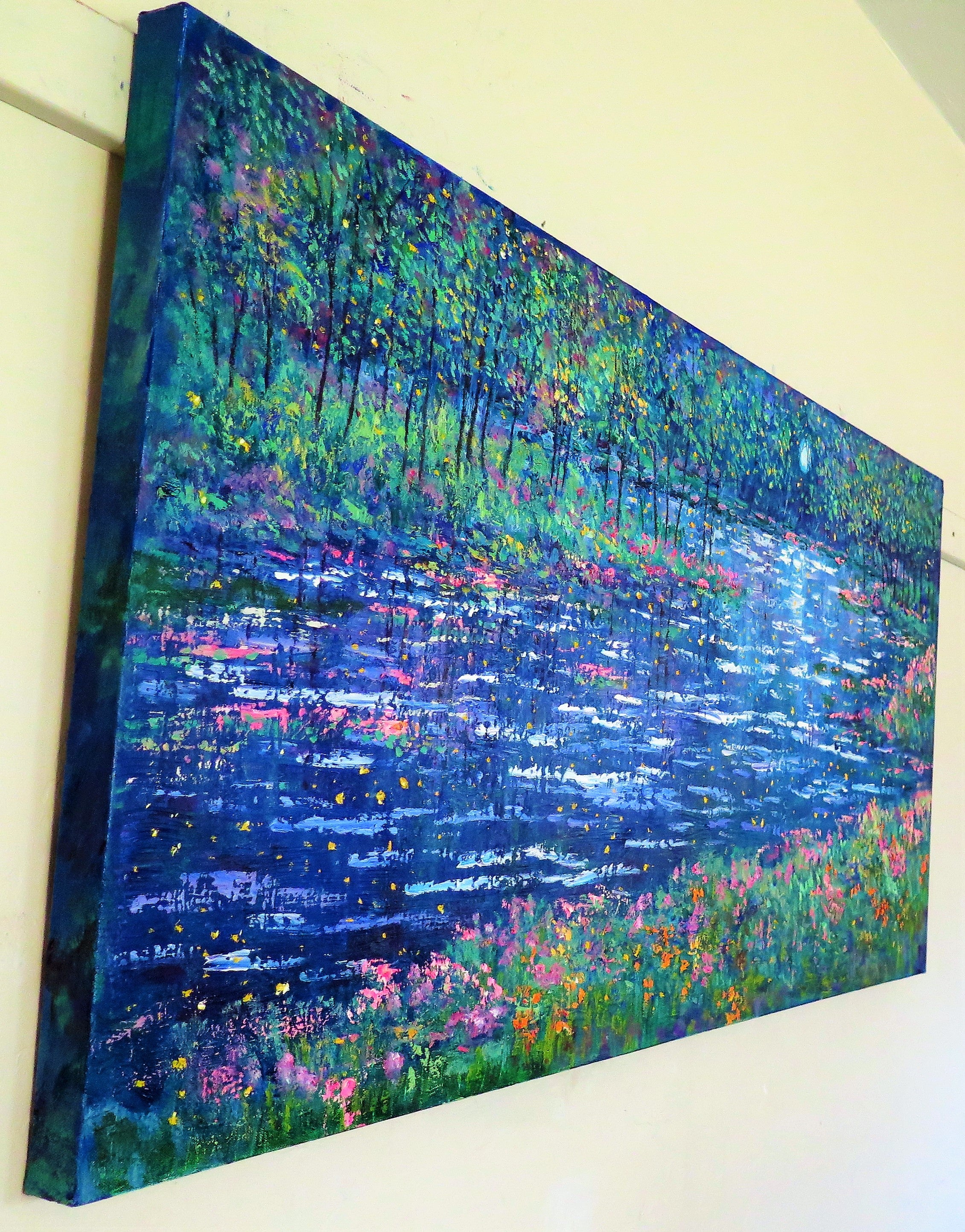 Original painting - Lilly Pad stream , moonlight and fireflies - oil  -24 x 48 x 1.5