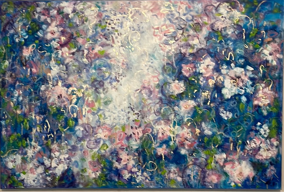 36x24x1 - Original Oil Painting - Abstract white, blue rose flowers with gold