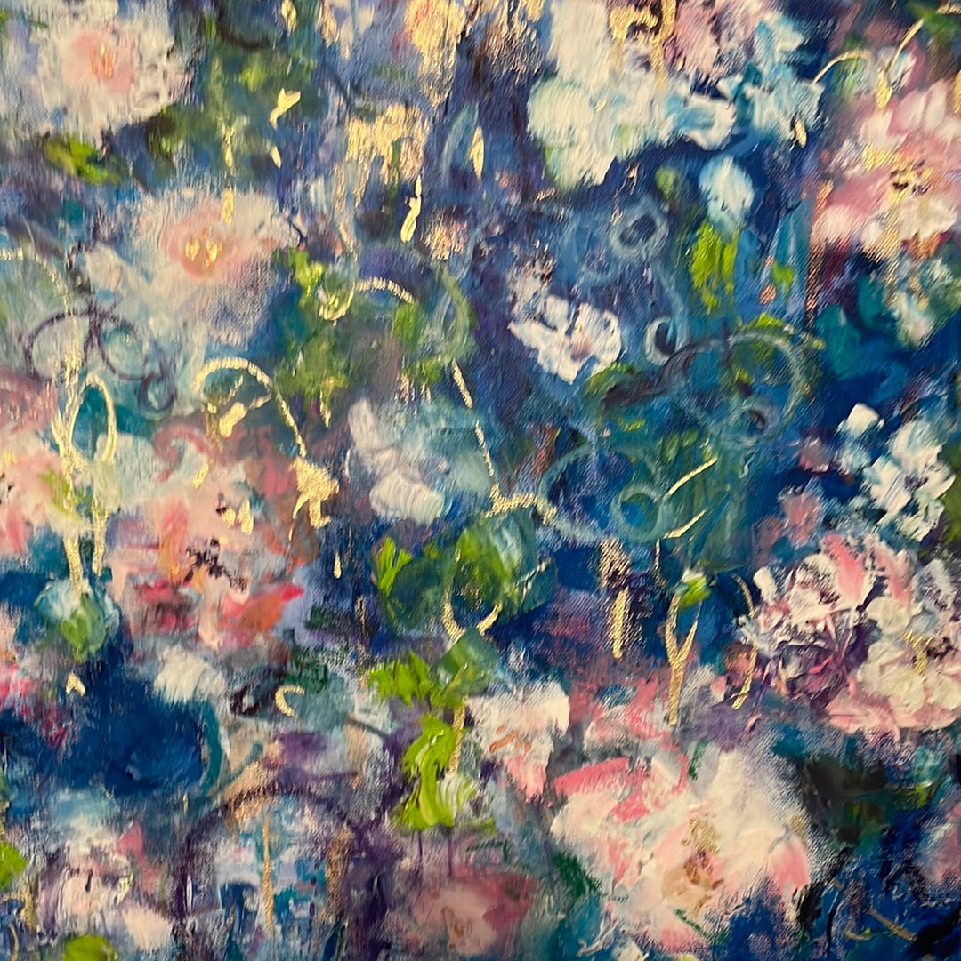 36x24x1 - Original Oil Painting - Abstract white, blue rose flowers with gold