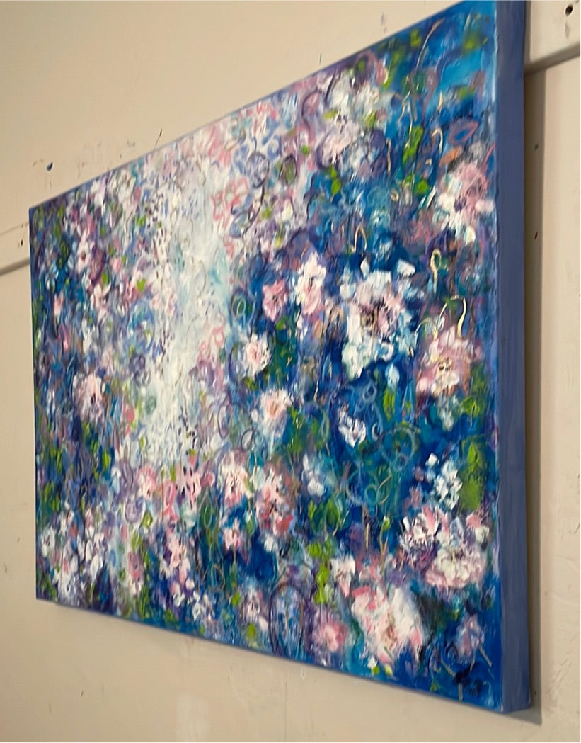 36x24x1 - Original Oil Painting - Abstract white, blue rose flowers with gold